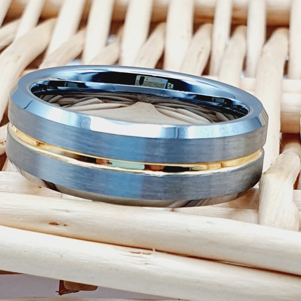 Two-Tone Tungsten Carbide Ring with Gold Groove Accent W131 - Picture 3 of 5